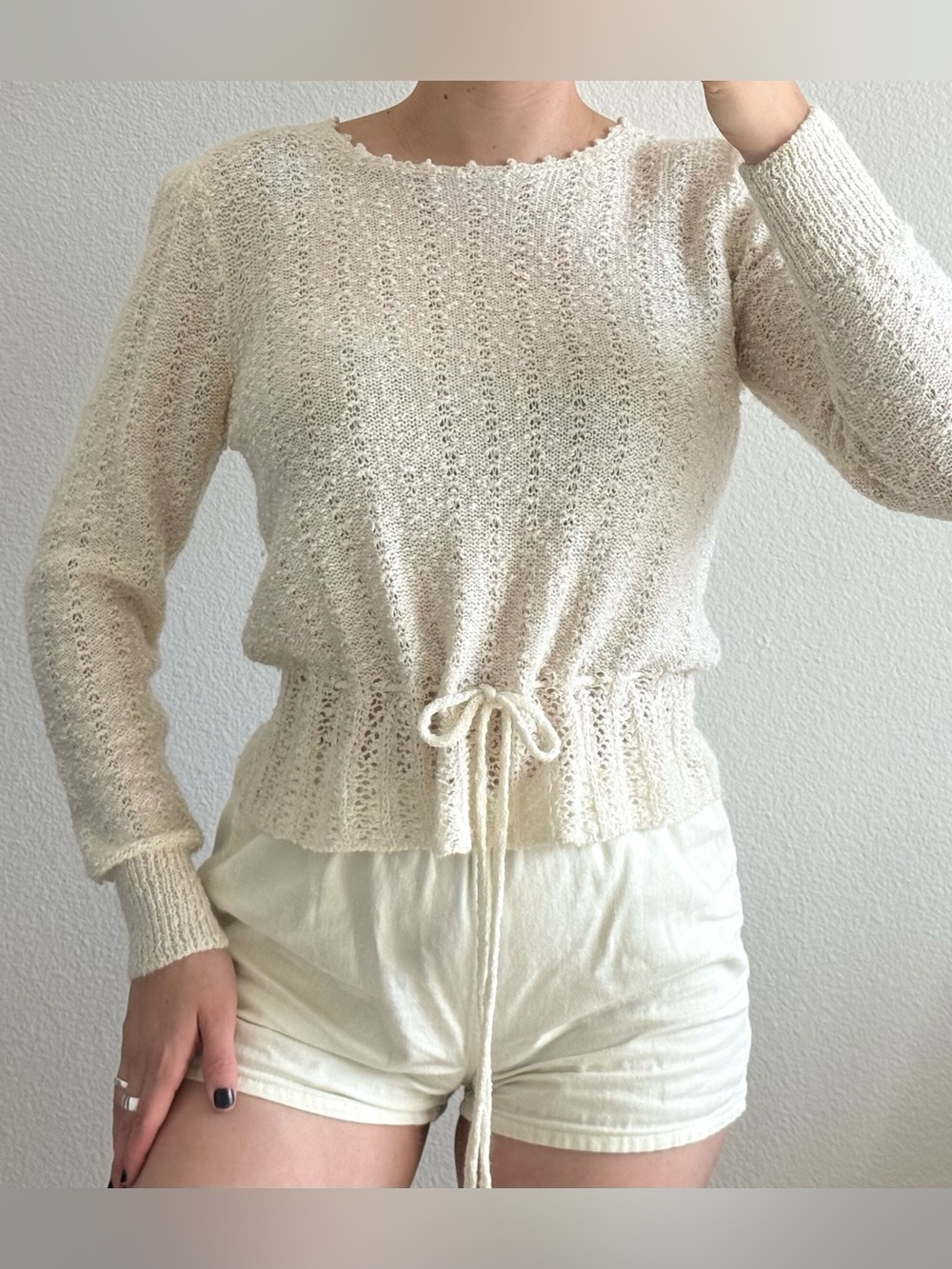 Pointelle Open Knit Sweater Drawstring Waist